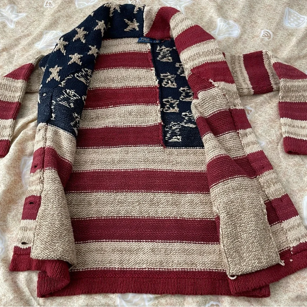 Women’s Polo Ralph Lauren American Flag Chunky Knit Cardigan Sweater Size SP - Picture 7 of 14